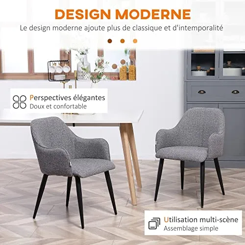 HOMCOM Lot de 2 chaises de Salle à Manger en Tissu et piètement Acier - Assise enveloppante - Gris foncé