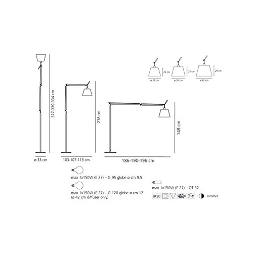Lampadaire Artemide Tolomeo Mega base de corps avec la tige et diffuseur - 360 mm, Dimmable, Noir, Noir, Tissu noir