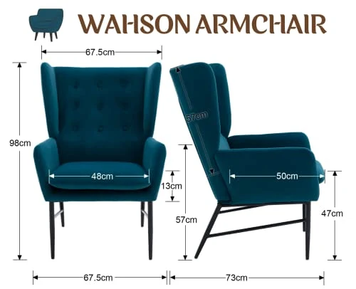 Wahson Fauteuils de Salon, Fauteuil Salon Scandinave en Velours avec Pieds Métal, Fauteuil Moderne avec Accoudoirs pour Salon/Chambre, Bleu Sarcelle