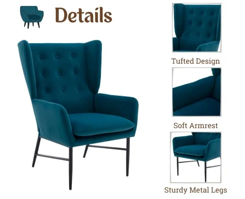 Wahson Fauteuils de Salon, Fauteuil Salon Scandinave en Velours avec Pieds Métal, Fauteuil Moderne avec Accoudoirs pour Salon/Chambre, Bleu Sarcelle