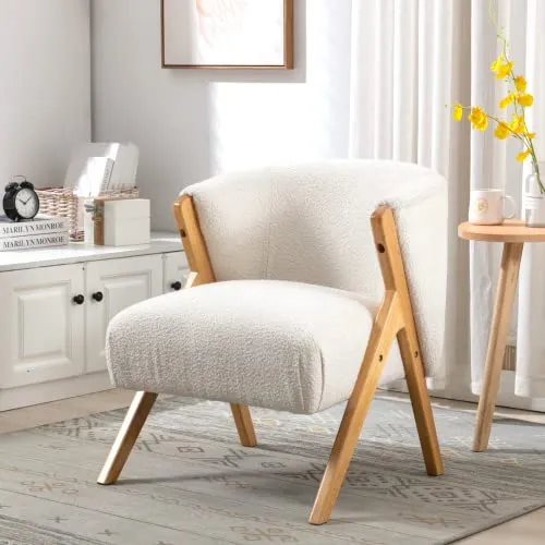 Wahson Fauteuil Salon, Fauteuils de Salon en Fausse Fourrure Fauteuil Relax avec Coussin Épais Fauteuil Chambre en Bois, Fauteuil pour Chambre/Salon, Blanc
