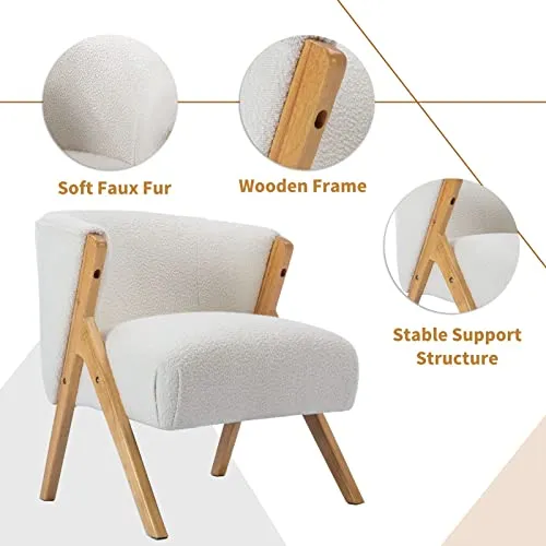 Wahson Fauteuil Salon, Fauteuils de Salon en Fausse Fourrure Fauteuil Relax avec Coussin Épais Fauteuil Chambre en Bois, Fauteuil pour Chambre/Salon, Blanc