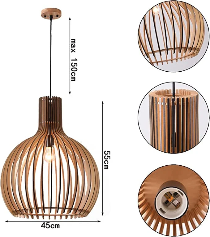 LANTING E27 Suspension Luminaire salle à manger, pendentif chambre lumineuse Suspendue bois, Table à manger suspension Lumière hauteur réglable, Convient aux cafés des hôtels, Ø45cm, 5W
