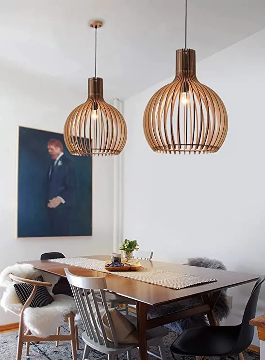 LANTING E27 Suspension Luminaire salle à manger, pendentif chambre lumineuse Suspendue bois, Table à manger suspension Lumière hauteur réglable, Convient aux cafés des hôtels, Ø45cm, 5W
