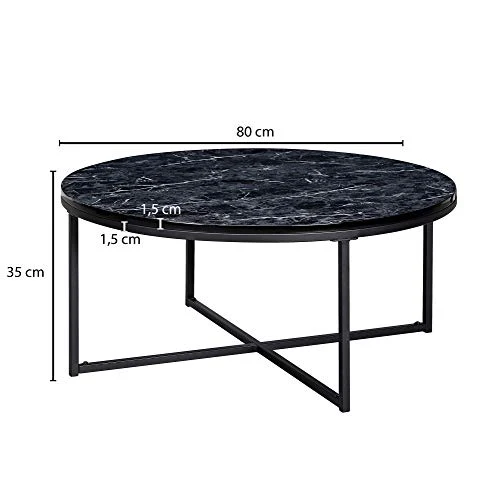 FineBuy Table Basse de Salon Effet Marbré 80x36x80 cm MDF et Metal | Grande Table de Canapé Ronde Noir | Design Table d'appoint Moderne