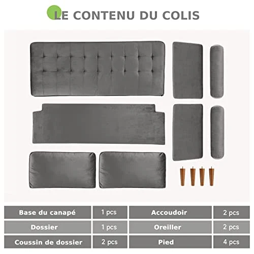 Vesgantti Canapé 3 Places en Tissu Velours, 176cm Style Moderne Scandinave pour Salon, Appartement, Petit Espace, Pieds Bois Massif, Gris