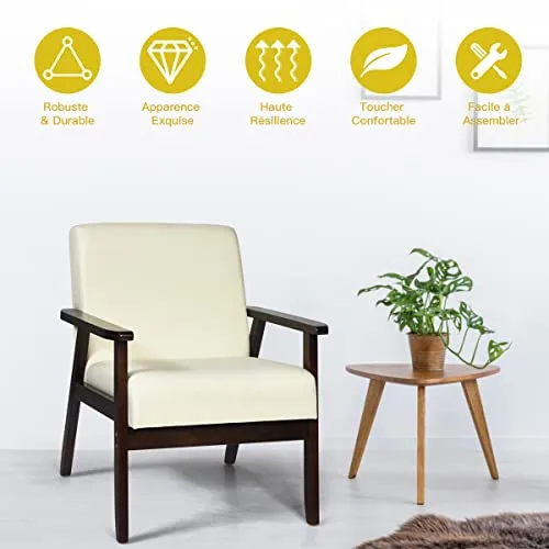 COSTWAY Fauteuil Salon Chaise Rétro, Chaise d'Appoint en Bois Rembourrée en Tissu, avec Pieds en Bois d’Hévéa, pour Salon, Bureau, Balcon, Beige/Gris/Foncé/Bleu (Beige)