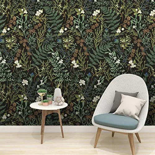 Bai You Mei Papier peint botanique noir et vert foncé pour chambre à coucher Boho Papier peint à décoller et à coller Motif plantes de la jungle