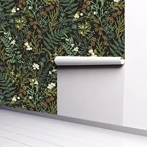 Bai You Mei Papier peint botanique noir et vert foncé pour chambre à coucher Boho Papier peint à décoller et à coller Motif plantes de la jungle