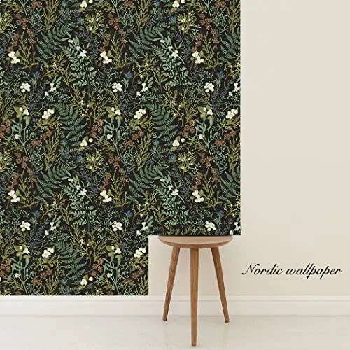 Bai You Mei Papier peint botanique noir et vert foncé pour chambre à coucher Boho Papier peint à décoller et à coller Motif plantes de la jungle