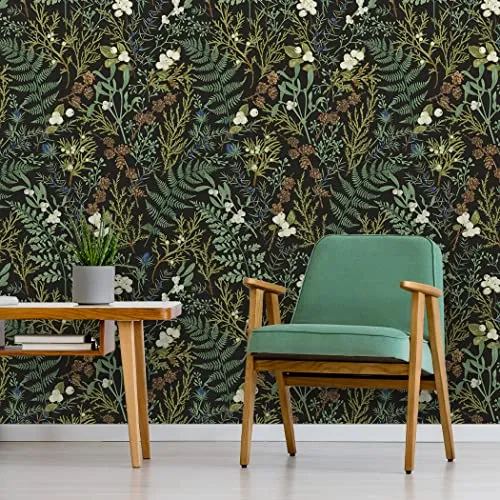 Bai You Mei Papier peint botanique noir et vert foncé pour chambre à coucher Boho Papier peint à décoller et à coller Motif plantes de la jungle