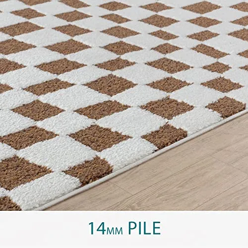Surya Pula Tapis Géométrique Scandinave à Damier - Grand Tapis Salon, Salle à Manger, Chambre, Cuisine - Tapis Design Boheme Chic Damier, Berbere Moderne, Tapis Poil Court 160x213cm - Ivoire et Marron