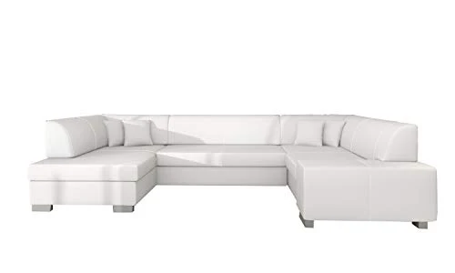 E- MEUBLES Grand canapé d'angle XXL en U panoramique lit Convertible avec Coffre 6/7 Places - en Simili Cuir - Salon & séjour - HANA (Blanc (Soft 17), Gauche)
