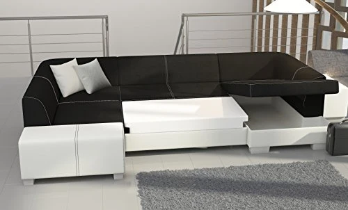 E- MEUBLES Grand canapé d'angle XXL en U panoramique lit Convertible avec Coffre 6/7 Places - en Simili Cuir - Salon & séjour - HANA (Blanc (Soft 17), Gauche)