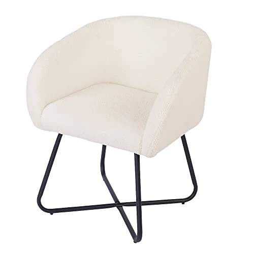 Mingone Fauteuil Simple en Laine d’Agneau Petit Fauteuil Coiffeuse Chaise Pieds en Fer Croisé avec Dossier et Accoudoirs pour Salon Chambre Club Coiffeuse, Blanc