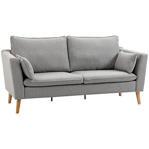 HOMCOM Canapés 2 Places Design Contemporain avec Coussins oreillers en Tissu de Lin et Pieds en Bois d'hévéa 200 x 87 x 95 cm Gris Clair