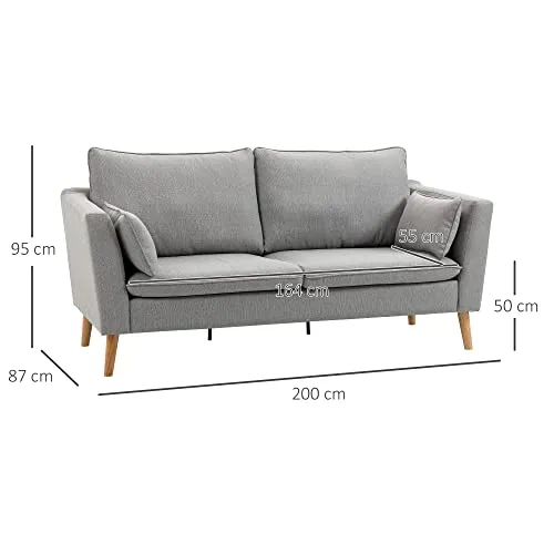 HOMCOM Canapés 2 Places Design Contemporain avec Coussins oreillers en Tissu de Lin et Pieds en Bois d'hévéa 200 x 87 x 95 cm Gris Clair