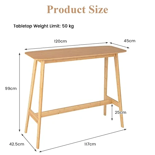LIFEZEAL Table Bar Haute avec Repose-Pied, Table Mange Debout Minimaliste, Table de Bar 120x45x99CM, Table d’Appoint en Bambou pour Salon, Cuisine, Chambre, Balcon, Naturelle