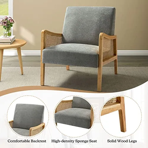 Chaise d'appoint moderne du milieu du siècle chaises rembourrées en velours avec tricot en bambou fauteuil confortable en tissu de lin avec accoudoirs en rotin pour salon gris