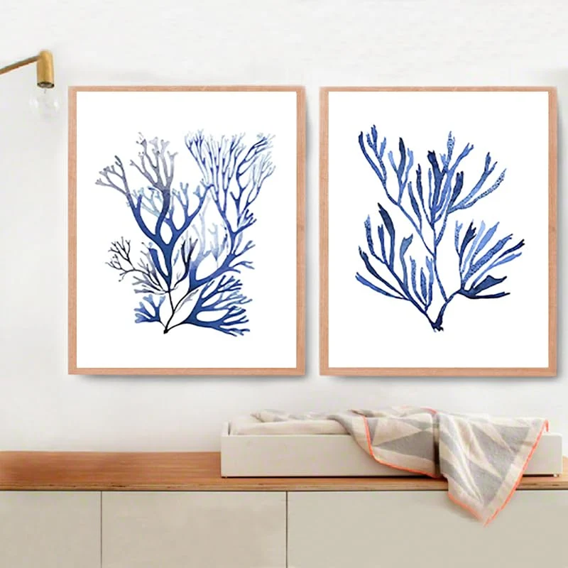 KAnduo Indigo bleu algues toile affiches et impressions corail aquarelle peinture salon mur Art décoratif photos salle de bain décor pas de cadre