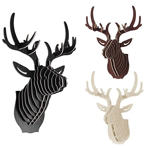 Tête de cerf en bois Support mural en forme de tête d'animal, décoration d'entrée, blanc