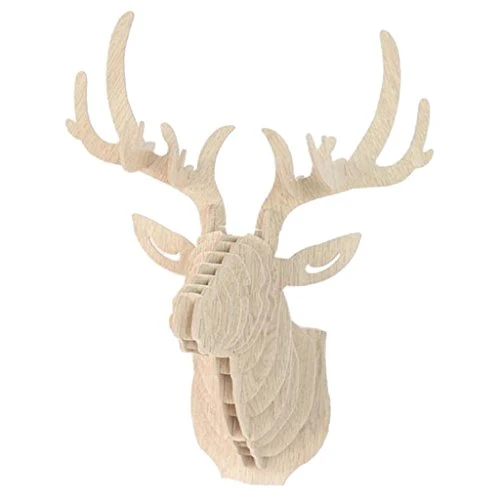 Tête de cerf en bois Support mural en forme de tête d'animal, décoration d'entrée, blanc