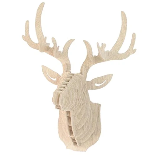Tête de cerf en bois Support mural en forme de tête d'animal, décoration d'entrée, blanc
