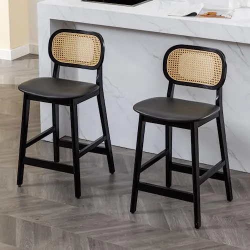 Wahson Tabouret de Bar Rotin Lot de 2, Chaise de Bar en Bois et Cannage Tabouret Bois avec Coussin Imperméable, Chaise Haute Bar Rétro pour Cuisine et Bar, Noir