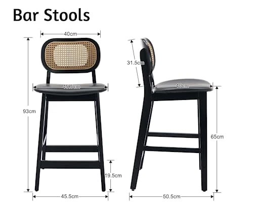 Wahson Tabouret de Bar Rotin Lot de 2, Chaise de Bar en Bois et Cannage Tabouret Bois avec Coussin Imperméable, Chaise Haute Bar Rétro pour Cuisine et Bar, Noir