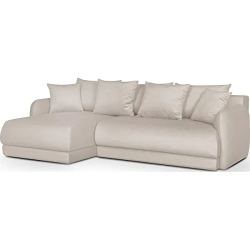 HOMIFAB Canapé d'angle Gauche 5 Places Convertible avec Coffre de Rangement en Velours crème - Giulia