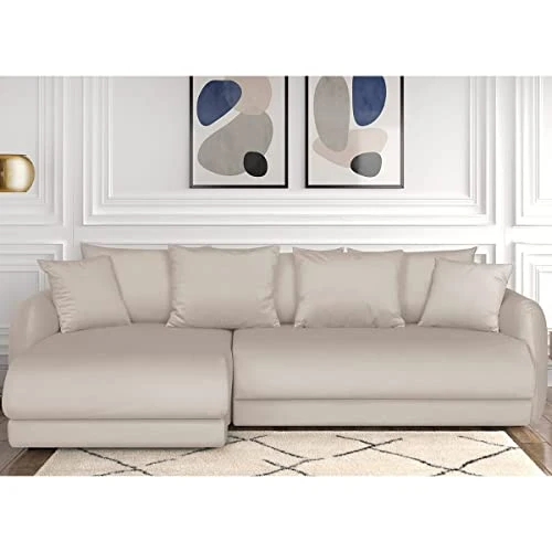 HOMIFAB Canapé d'angle Gauche 5 Places Convertible avec Coffre de Rangement en Velours crème - Giulia