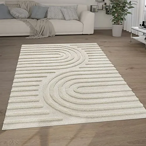 Paco Home Tapis Poils Longs Tapis De Salon Tapis Shaggy Aspect 3D Ethnique Boho Look Vintage Doux, Dimension:160x220 cm, Couleur:Crème 7