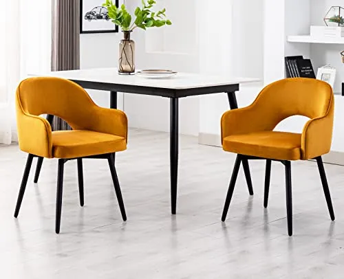 Wahson Lot de 2 Chaise Salle à Manger en Velours Chaise de Cuisine avec Pieds en Métal, Chaise de Salon pour Chambre/Restaurant（Jaune）
