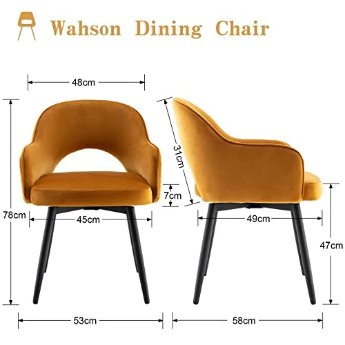 Wahson Lot de 2 Chaise Salle à Manger en Velours Chaise de Cuisine avec Pieds en Métal, Chaise de Salon pour Chambre/Restaurant（Jaune）