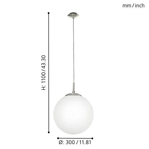 EGLO Lustre RONDO 1, suspension à flamme, lampe pendante en acier, couleur : nickel mat, verre : opale blanc mat, douille : E27, Ø : 30 cm
