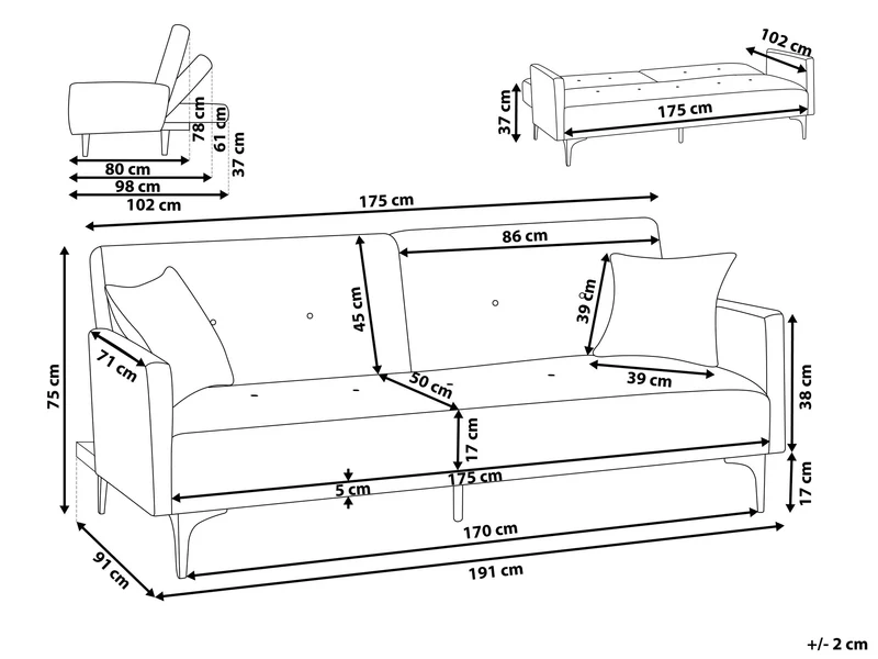 Beliani Canapé Convertible en Polyester Gris 3 Places Taies Déhoussables Rembourré Lucan