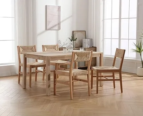 Wahson Chaises de Salle a Manger en Bois, Lot de 2 Chaises de Salle à Manger Rétro en Bois Massif Chaise en Bois Assise en Paille, Chaise en Rotin pour Salon et Salle à Manger, Bois Naturel