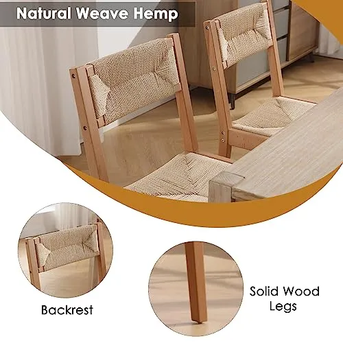 Wahson Chaises de Salle a Manger en Bois, Lot de 2 Chaises de Salle à Manger Rétro en Bois Massif Chaise en Bois Assise en Paille, Chaise en Rotin pour Salon et Salle à Manger, Bois Naturel