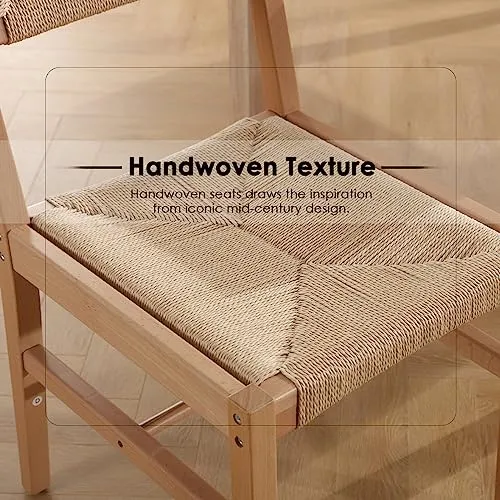 Wahson Chaises de Salle a Manger en Bois, Lot de 2 Chaises de Salle à Manger Rétro en Bois Massif Chaise en Bois Assise en Paille, Chaise en Rotin pour Salon et Salle à Manger, Bois Naturel
