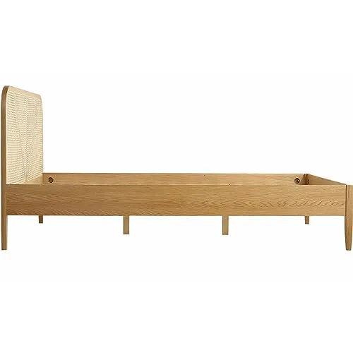 HOMIFAB Lit Adulte 180x200 cm en placage chêne avec tête de lit en Bois Massif et cannage Naturel - Leonie
