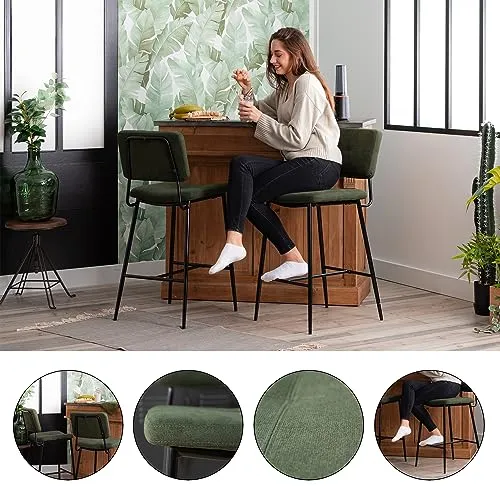 MEUBLE COSY Lot de 2 Tabouret de Bar avec Dossier et Repose-Pieds, Siège Rembourrés de 69 cm de Haut, Cadre en métal, Chaises Hautes en Tissu, Style Industriel, Vert