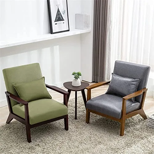 HomeMiYN Fauteuil Vintage en Bois Massif Fauteuil Salon en Imitation Lin et en Cuir PU avec Oreiller Lombaire, Dossier Ergonomique, Fauteuil d'appoint pour Salon, Chambre, Bureau, Balcon (Vert foncé)