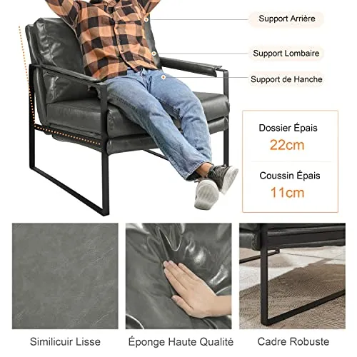 Zouron Fauteuil de Salon Vintage en Similicuir, Fauteuil Relax Confortable avec Pieds en Métal, Fauteuil Chambre Industriel, Gris