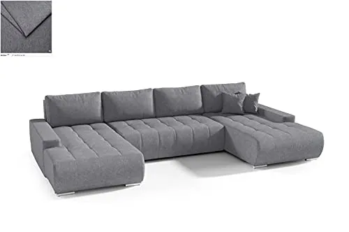 BELUTI - Canapé d'angle panoramique en U Convertible. Tissu Design. Lit + Coffre de Rangement (Gris foncé)