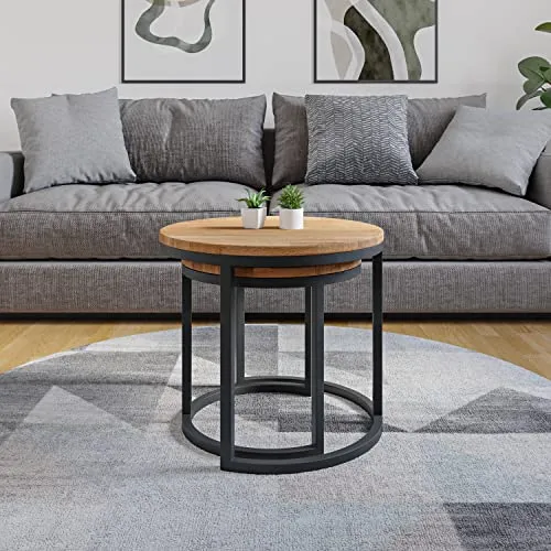 Lumarc Modena, Lot de 2 Tables Basses Gigognes de Salon Faites à la Main en Bois Massif de Hêtre Naturel au Design Industriel Minimaliste Moderne, Ronde, Ø50x43 cm / Ø40x38 cm