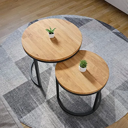 Lumarc Modena, Lot de 2 Tables Basses Gigognes de Salon Faites à la Main en Bois Massif de Hêtre Naturel au Design Industriel Minimaliste Moderne, Ronde, Ø50x43 cm / Ø40x38 cm