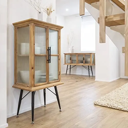 Made In Meubles Buffet vitrine en Bois de Sapin et Verre strié 4 Portes Nicole - Buffet & Vaisselier - Buffet 36 x 120 x 87.5 cm