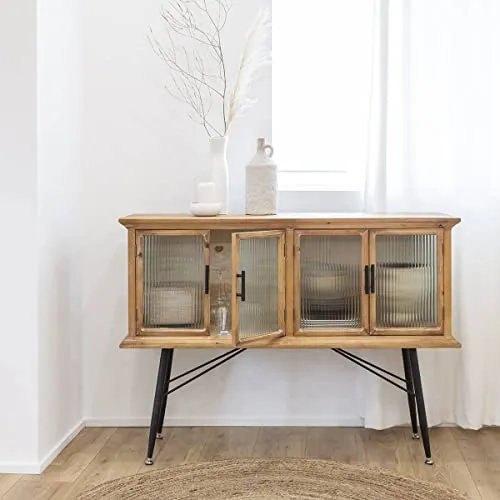 Made In Meubles Buffet vitrine en Bois de Sapin et Verre strié 4 Portes Nicole - Buffet & Vaisselier - Buffet 36 x 120 x 87.5 cm
