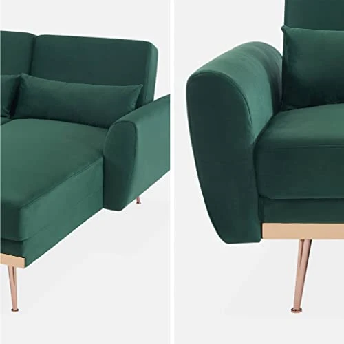 - Canapé d'angle Convertible. réversible 3 Places. Velours Vert Anglais. Pieds Fins Or Rose