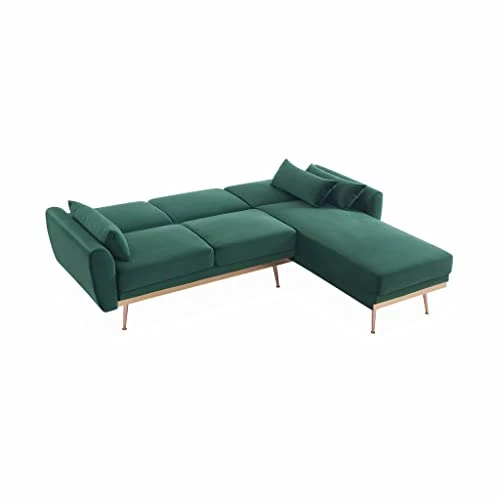 - Canapé d'angle Convertible. réversible 3 Places. Velours Vert Anglais. Pieds Fins Or Rose